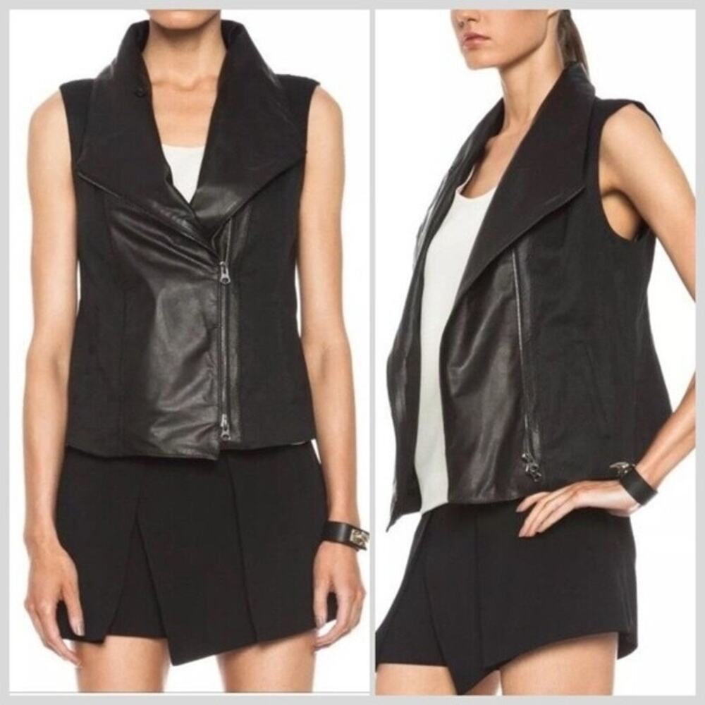 Vince Black Leather & Linen Moto Vest Asymmetrical Zip Minimalist Size XS Biker